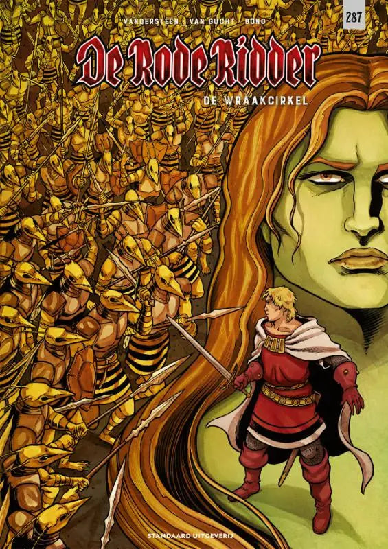 De cover van de strips algemeen comic de rode ridder de wraakcirkel van willy vandersteen toont gouden bijenstrijders en een groene vrouwengezicht