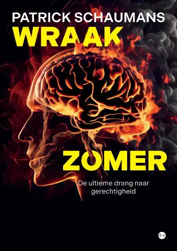 Wraakzomer boekcover met een vurige oranje gele hersenen tegen een donkere achtergrond en ultieme drang thema
