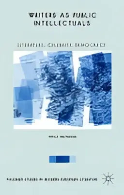 Afbeelding van een blauw abstract grafisch ontwerp op een lichtblauwe achtergrond voor het boek Writers as public intellectuals: literature, celebrity, democracy