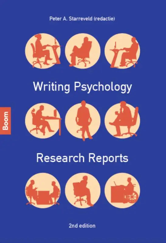 Blauw boek writing psychology research reports met oranje silhouetten van schrijvende en onderzoekende mensen