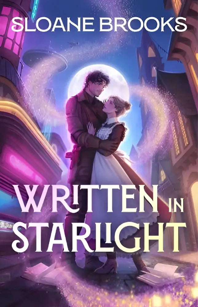 De roman geschreven in starlight toont een romantische illustratie van twee personages onder een gloeiende maan in een magische stadsgezichten