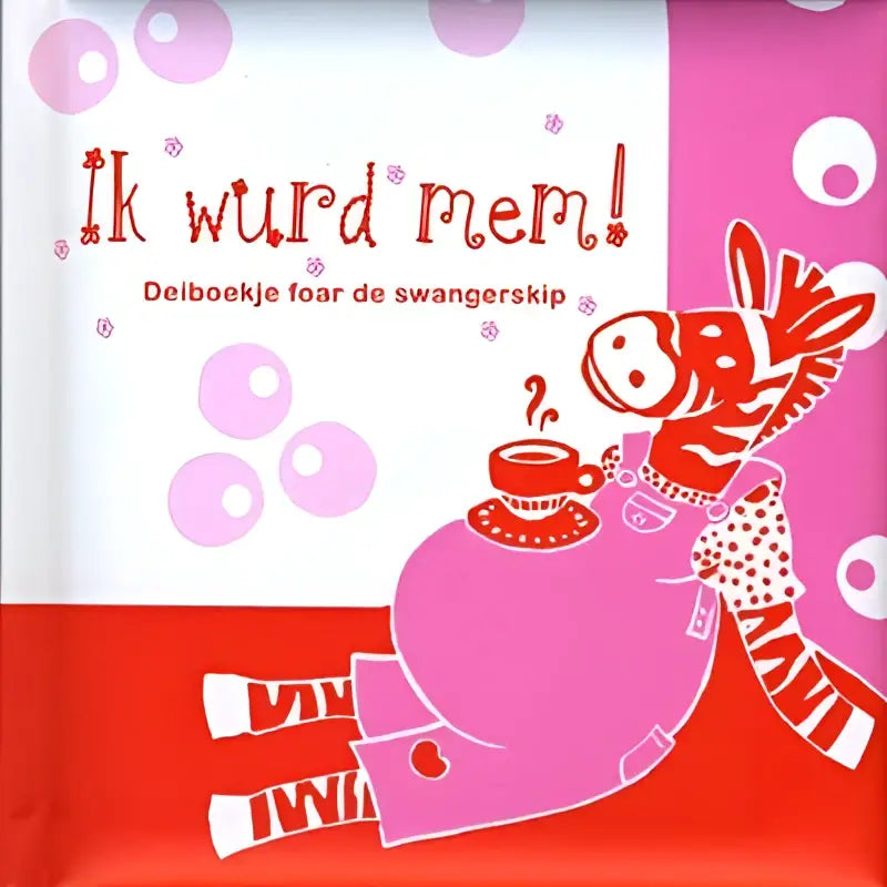 Pink cartoon zebra met polkadotmouwen houdt rode theekop en schotel vast in deiboekje foar wurd mem