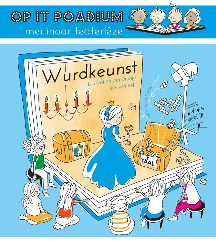 Blauwe jurk gedragen door een prinsesfiguur op de omslag van het kinderboek wurdkeunst in het product wurdkeunst
