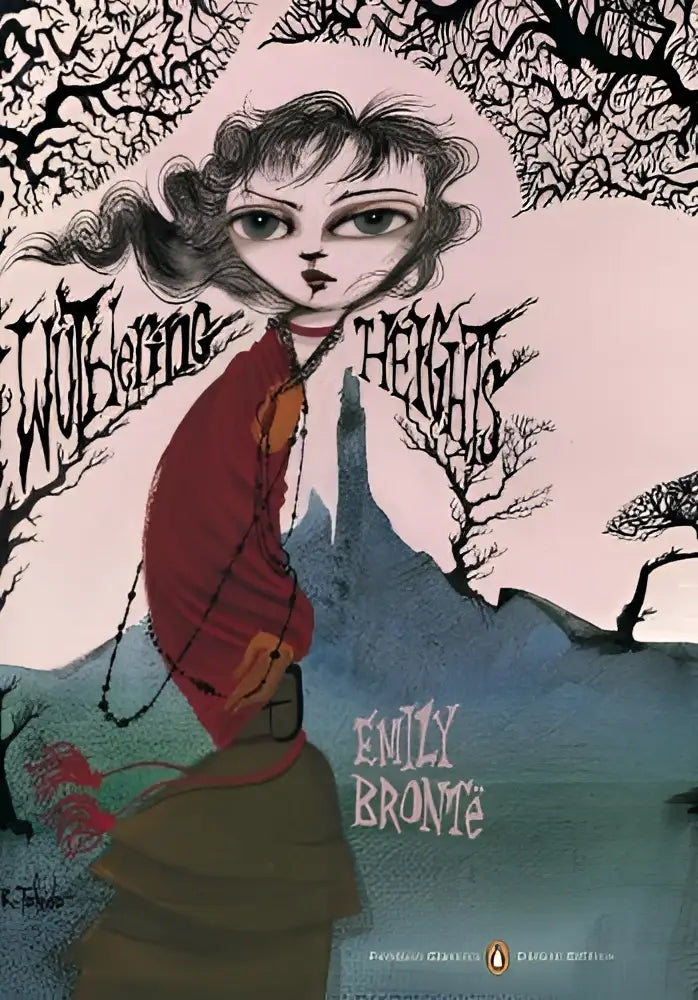 De cover van wuthering heights penguin classics deluxe editie toont een jonge vrouw in een rode jas tegen een bosrijk decor