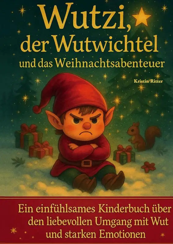 Een roodgeklede wutwichtel met een frons zittend in de sneeuw in wutwichtel und das weihnachtsabenteuer