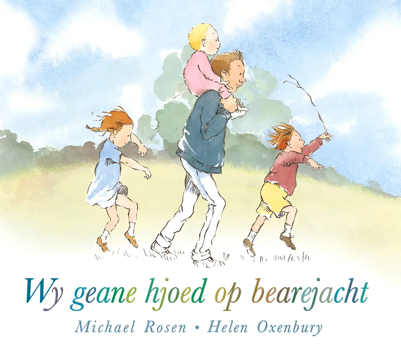 Watercolor illustratie van familie die door grasveld loopt onder blauwe lucht voor werkje geane hjoed jonge lezers