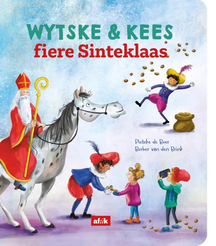 Childrens book cover wytske kees fiere sinteklaas with sinterklaas and helpers in festive red blue purple costumes on light blue background