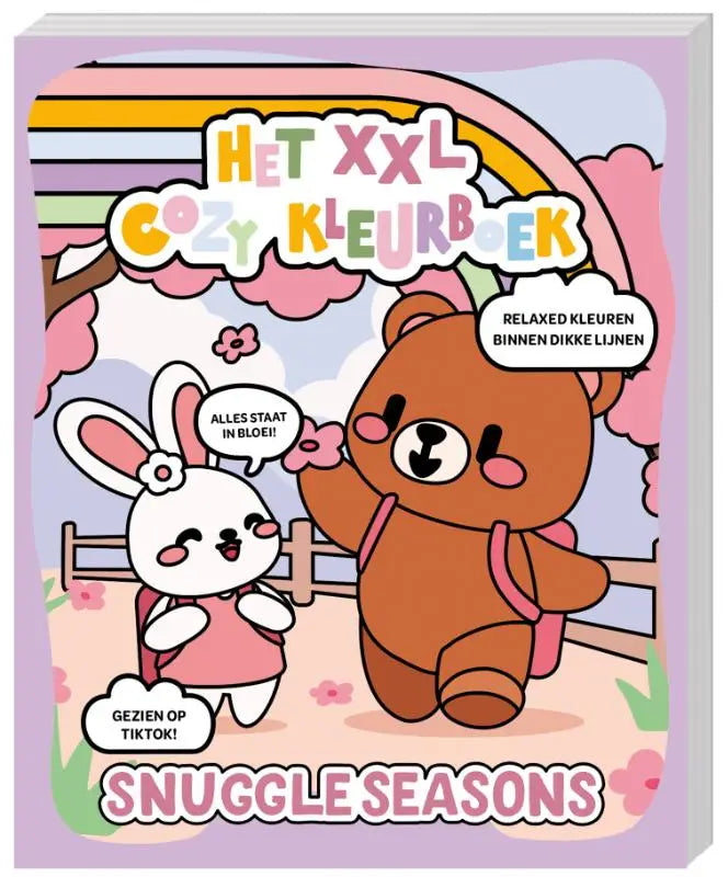 Een zachtroze en pastelkleurig xxl cozy kleurboek met cartoonbruine beer en witte konijn van snuggle seasons