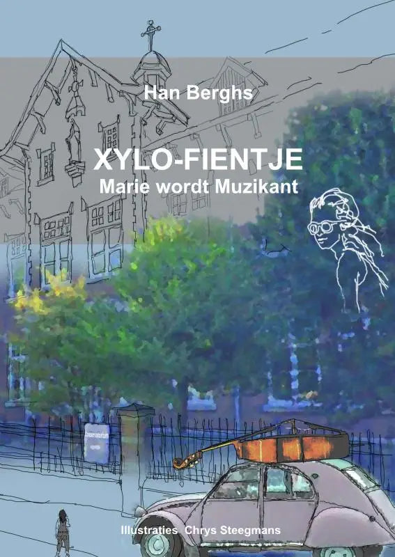 De boekcover van xylo-fientje toont een vintage paarse auto met een oranje cello voor jonge lezers