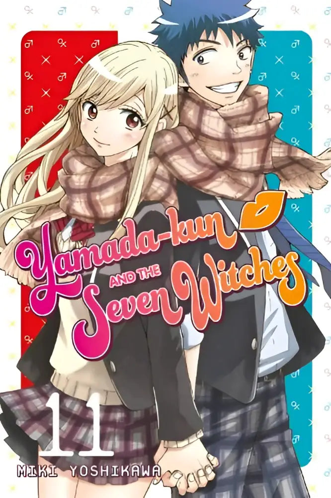 De cover van manga yamada-kun and the seven witches volume 11 met twee schooluniformpersonages tegen kleurige achtergrond