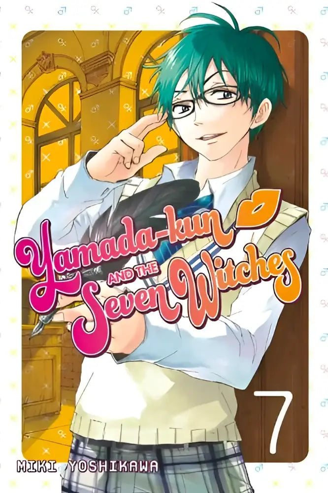 De cover van de manga yamada-kun & the seven witches 7 toont een personage met groen haar en bril met een zwarte kat