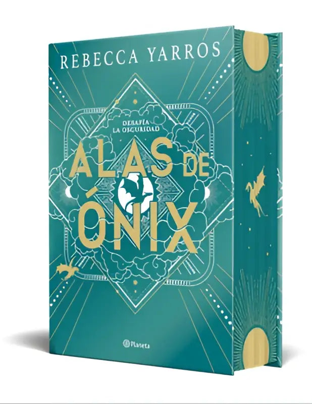 Teal hardcover edition coleccionista enriquecida book alas de ónix by rebecca yarros with gold foil detailing