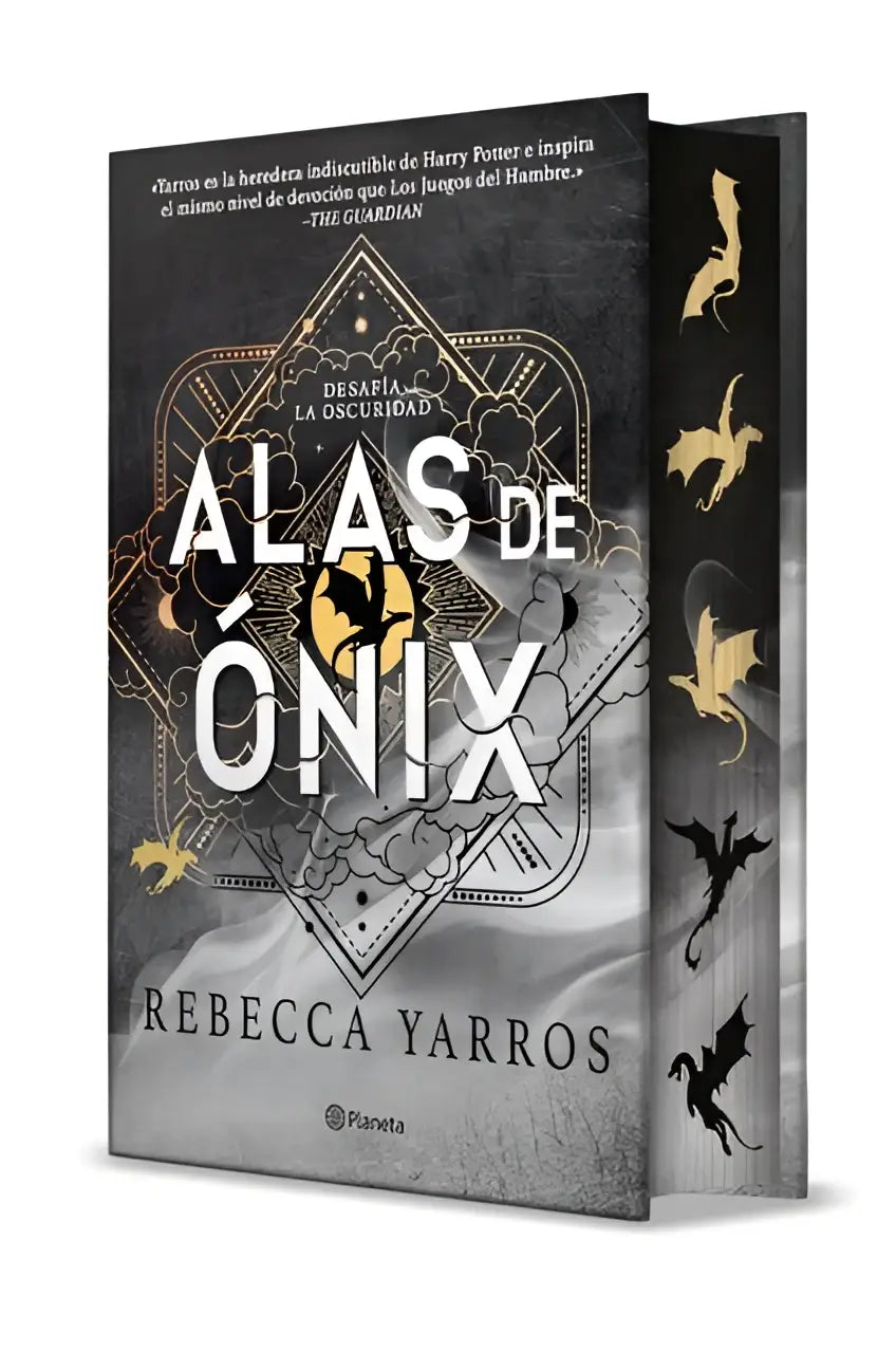 Speciale editie van het boek alas de ónix door rebecca yarros met een dondergrijze kaft en goud-zwart drakenillustraties con cantos decorad