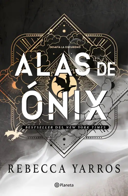 De boekcover van onyx storm alas de ónix toont witte letters op een donkere achtergrond met gouden accenten en vogels