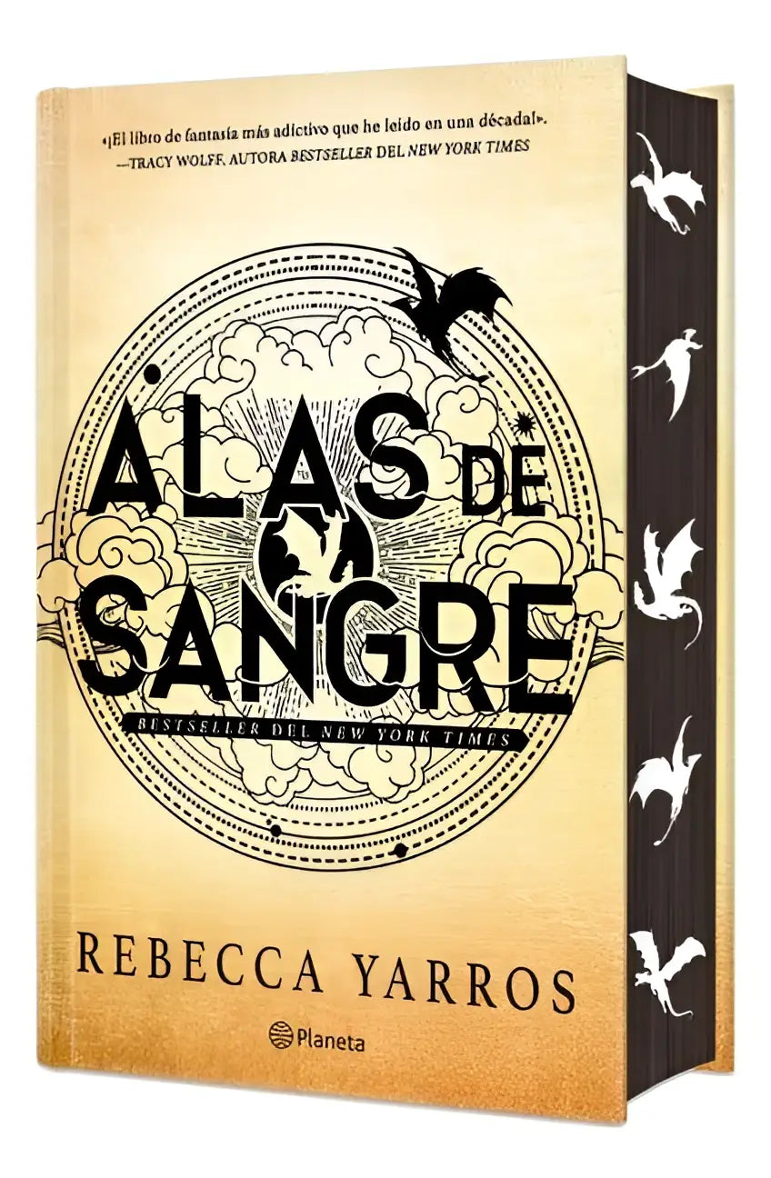 De beige omslag van de speciale editie van yarros r alas de sangre met cantos decor en vogels, uitgegeven door planeta