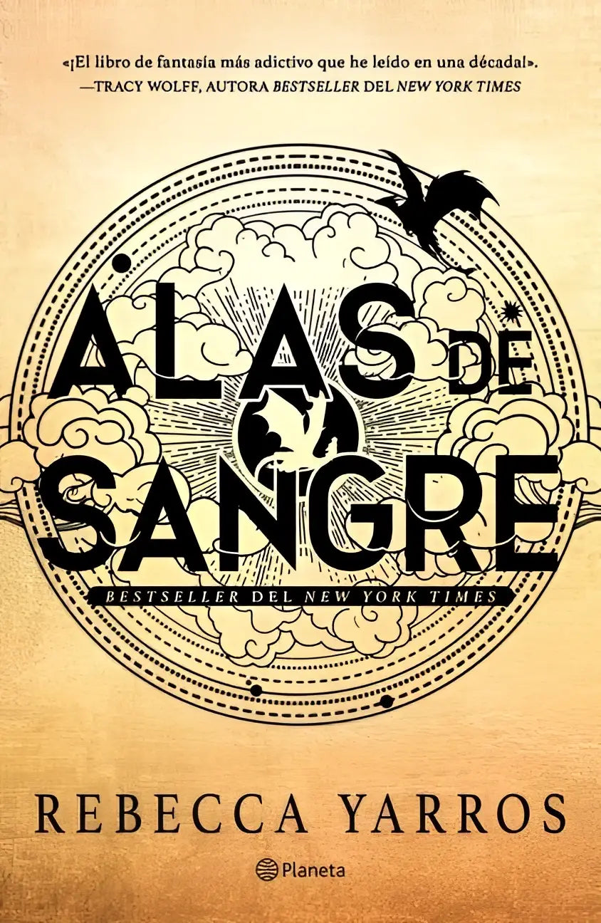 The book cover of yarros r alas de sangre features bold black title and intricate sepia clouds and birds illustration fourth wing