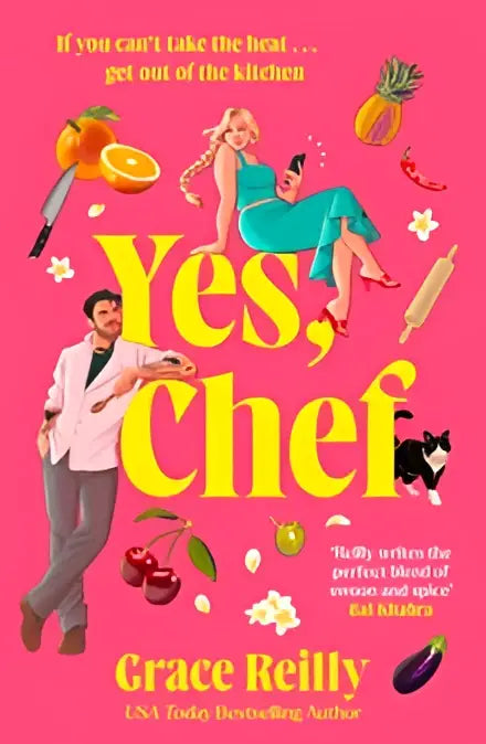 De levendige roze omslag van het kookboek yes chef van grace reilly toont de titel in gele letters met illustraties van chefs en keukenspullen afkomstig van haar