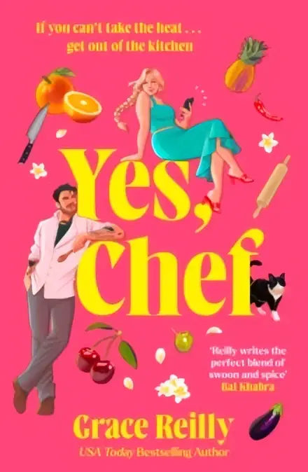 De levendige roze cover van het boek yes chef van grace reilly toont de titel in gele letters met een illustratie van koks en keukenspullen van haar