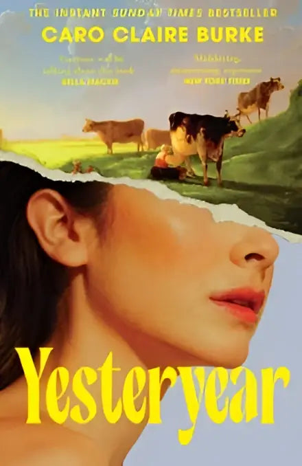 Boekcover van yesteryear door caro claire burke toont vrouw en grazende koeien met focus op haar volgers en haar echtgenoot
