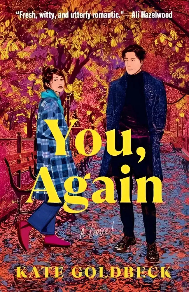 The book cover of you again a novel features the title in bold yellow letters with two stylishly dressed figures outdoors