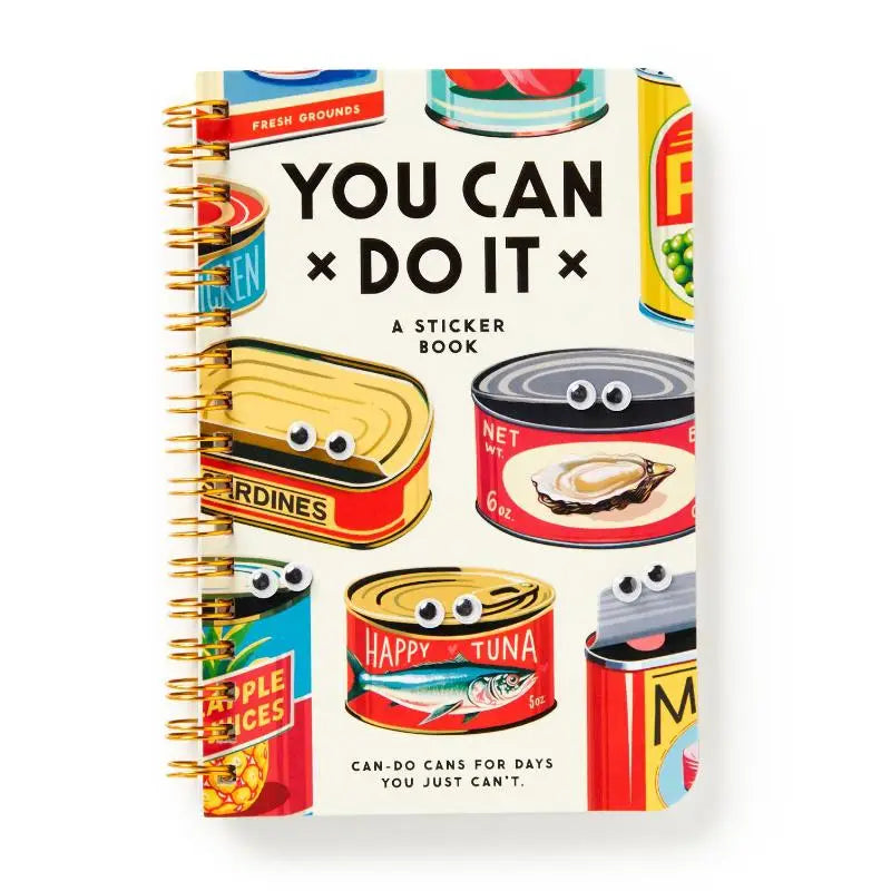 Een spiral-bound googly sticker book met playful ontwerpen van cartoonachtige genummerde voedselblikken in rood, geel en blauw