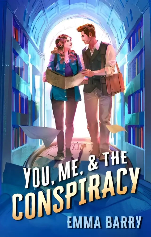 De boekcover toont een kleurrijke illustratie van twee personages in een bibliotheek met de titel you me en the conspiracy van emma barry