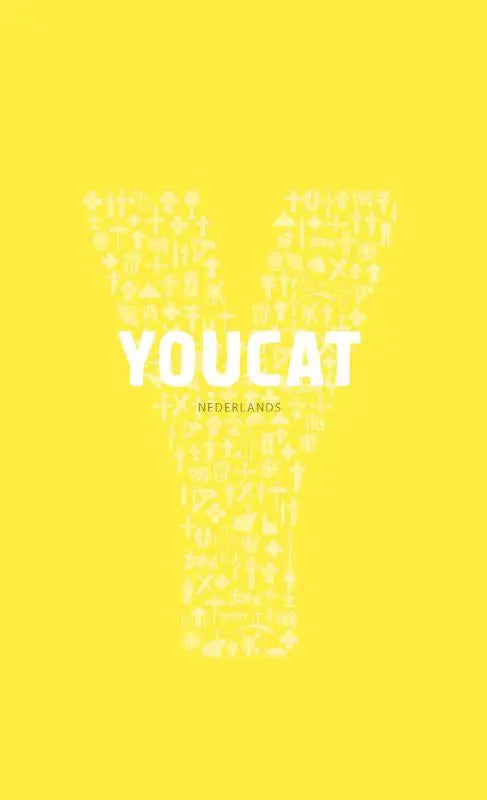Witte youcat logo met een gestileerde y gevormd door kleine iconen op een effen gele achtergrond