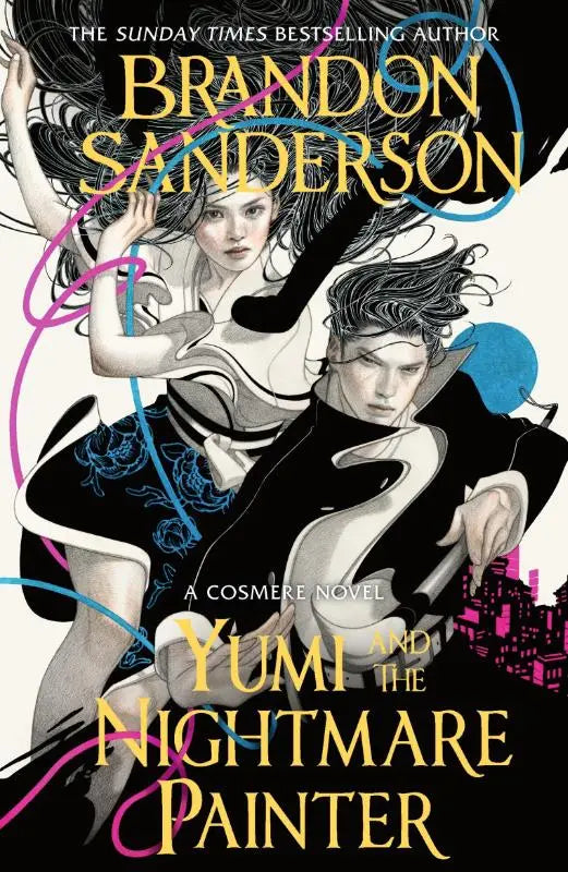 De boekomslag van yumi and the nightmare painter toont een dynamische illustratie van twee zwart-wit karakters met roze, blauw en goud