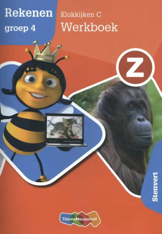De voorkant van het kindermathwerkboek rekenen groep 4 met een cartoonbij met kroon en laptop naast een gorilla in z-rekenen