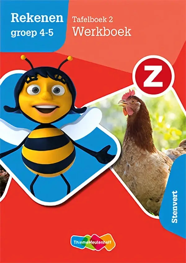 Het cover van z-rekenen toont een vrolijke gele en zwarte bij met witte vleugels en een bruine kip voor exacte vakken binnen basisschool van uitgeverij zwijsen