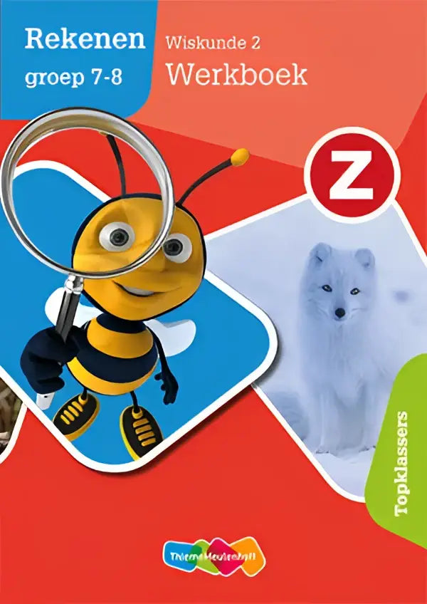 Cover van Z-Rekenen groep 7-8 wiskunde 2 topklassers met een zwarte en gele bij en een witte poolvos op een rode achtergrond