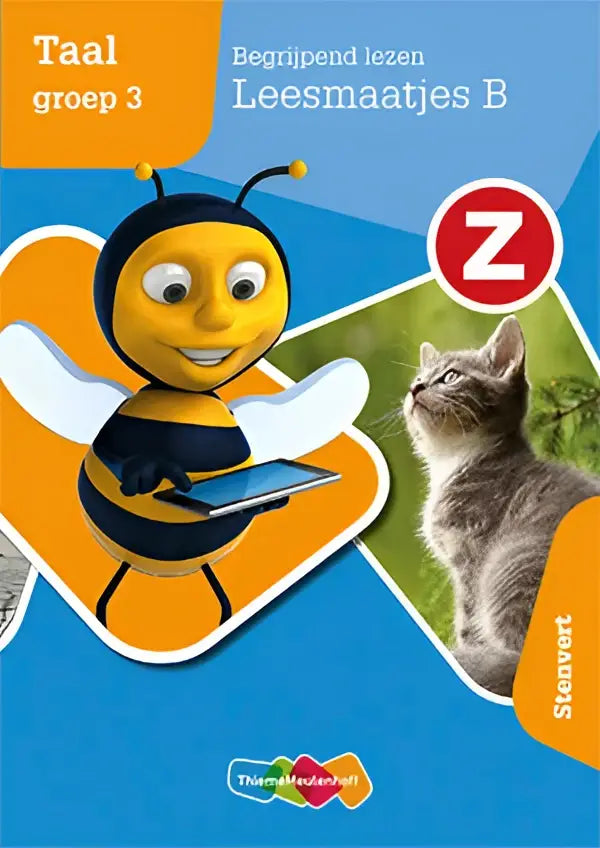 De voorkant van z-taal begrijpend lezen leesmaatjes toont een vrolijke gele en zwarte bij met tablet en een grijze tabby kitten