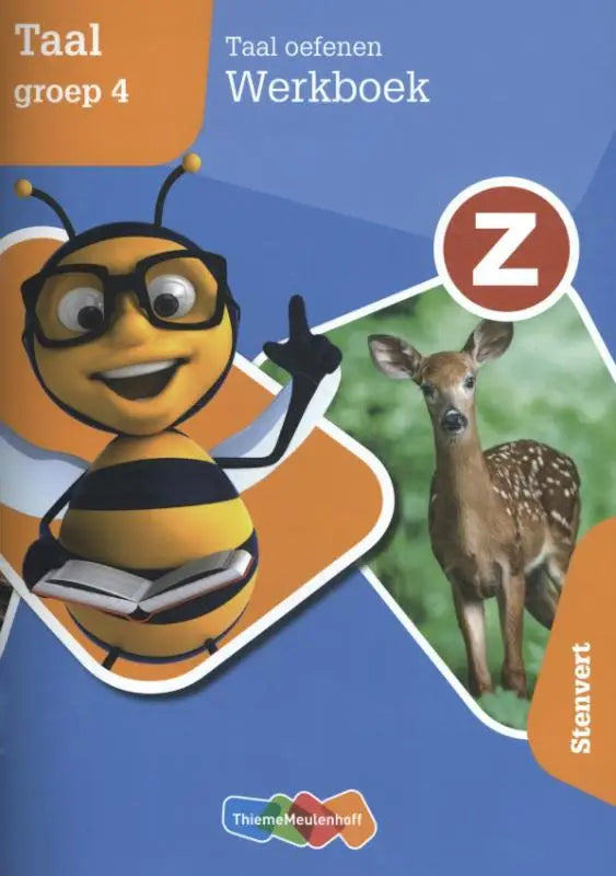 Gele en zwarte cartoonbij met bril die een boek vasthoudt voor het product z-taal educatief materiaal