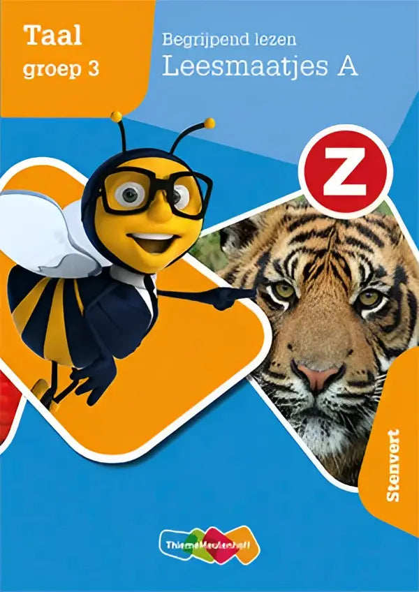 De cover van z-taal toont een vrolijke cartoonbij met zwarte en gele strepen die naar de letter z wijst op een oranje achtergrond