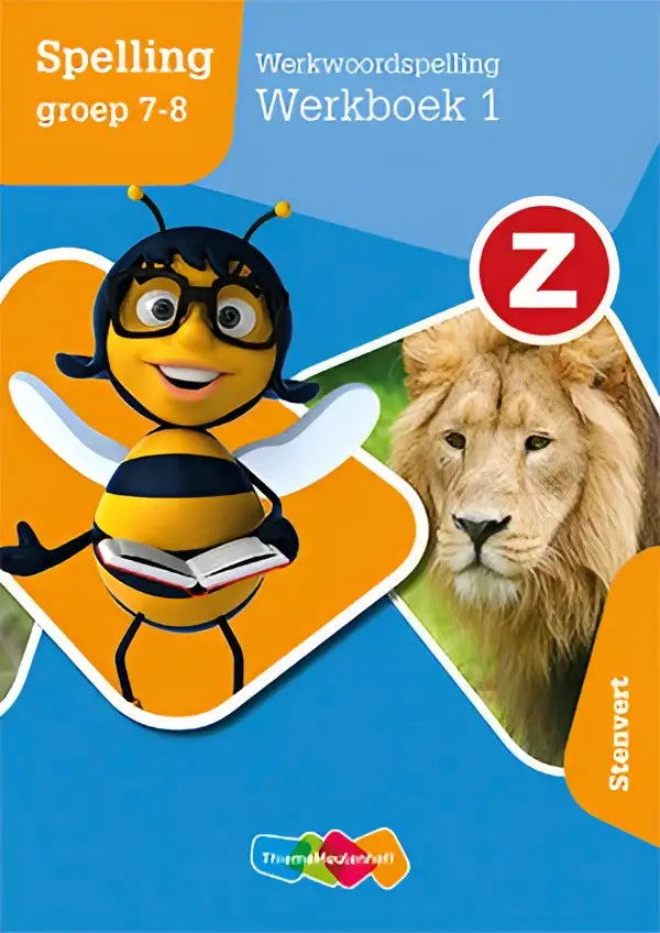 Een heldergele en zwarte cartoonbij met een bril die een boek vasthoudt in het product Z-Taal