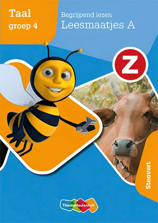 Gele en zwarte cartoonbij met sleutel op de cover van z-taal taal groep 4 educatief boek