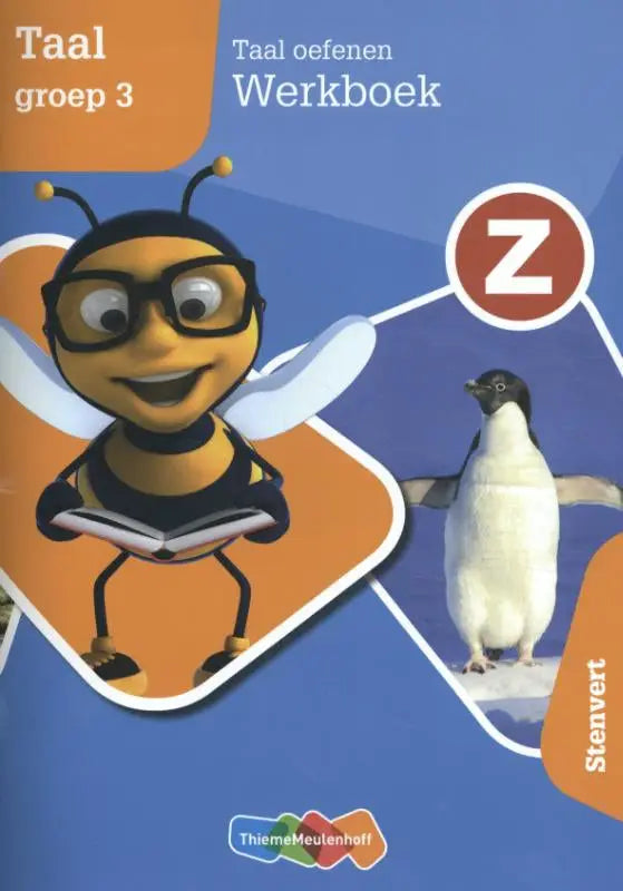 Blauw en oranje kinderboeken taalwerkboek z-taal met cartoonbij met bril en pinguïn onder letter z
