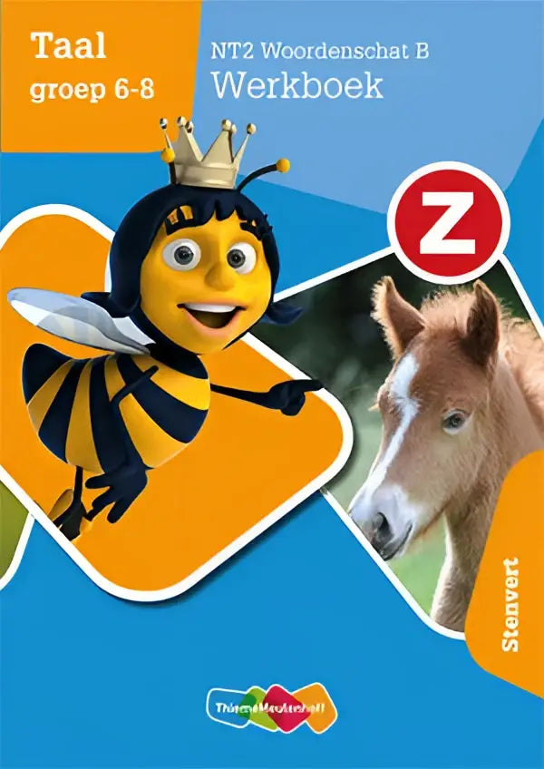 Blauw en oranje kinderwerkboek cover met cartoonbij en kroon voor educatief gebruik z-taal groep