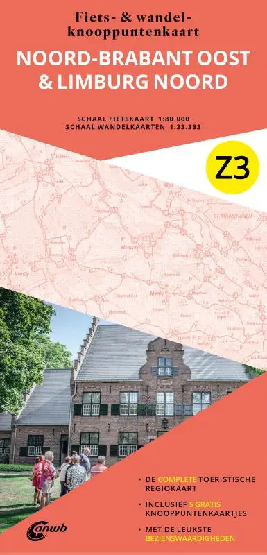 Oranje witte anwb fiets topografische kaarten van noord-brabant oost en limburg noord met historisch bakstenen gebouw