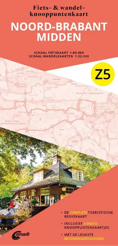 Z5 noord-brabant midden topografische kaart in oranje en wit met gedetailleerde anwb fiets routes en rustiek huis