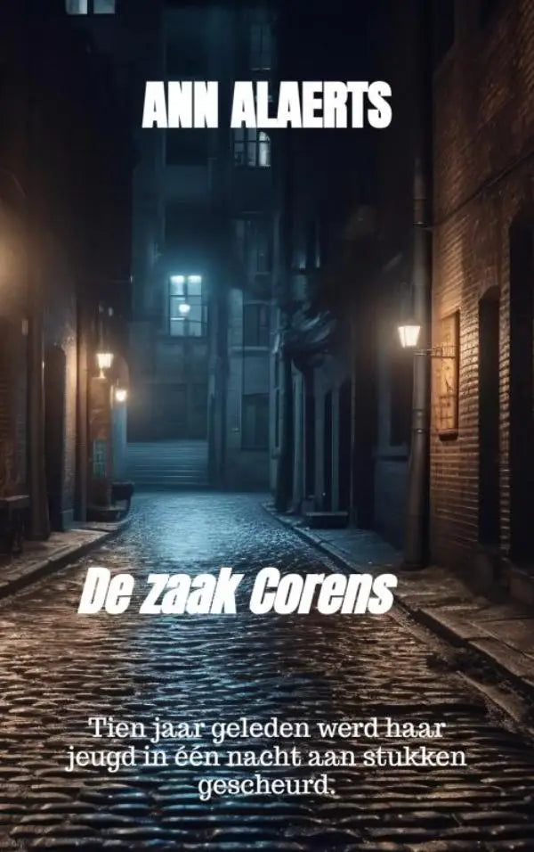Donkere kasseien steeg verlicht door warme lantaarns en een raamlicht bij zaak corens van hanne fierens
