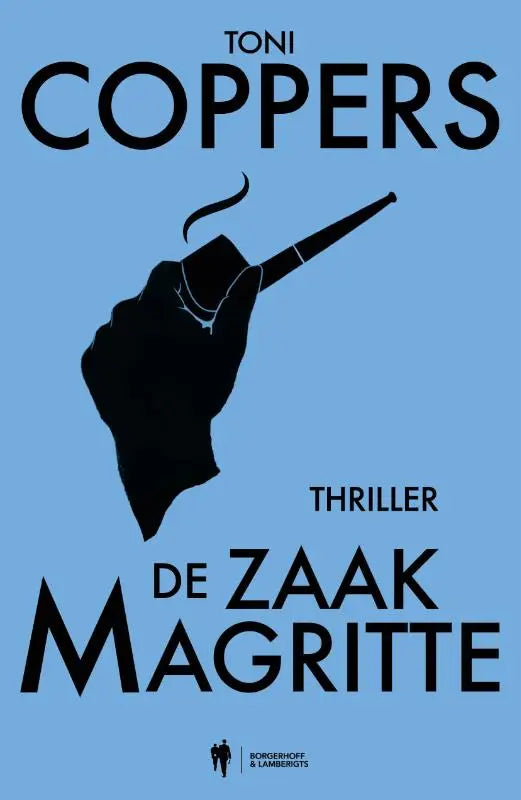 Zwarte silhouet van een hand die een pijp vasthoudt tegen een lichtblauwe achtergrond in de zaak magritte