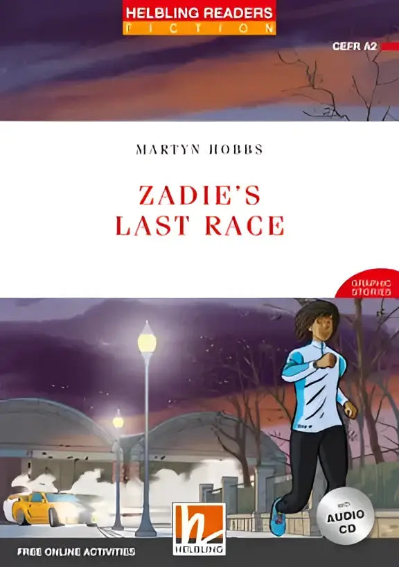 Boekomslag Zadie’s Last Race door Martyn Hobbs met jonge renner in stad