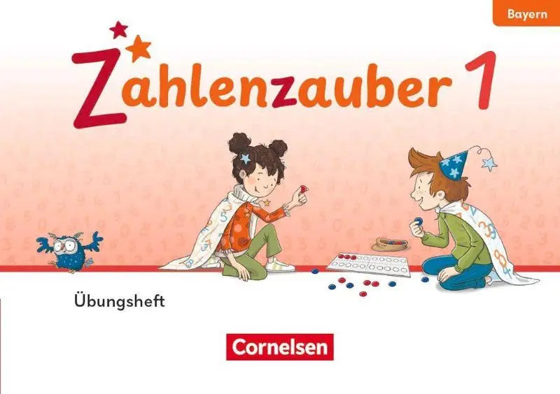 Het zahlenzauber 1 uitgave bayern 2026 oefenboek van cornelsen toont kinderen met telkettingen en een blauwe uil