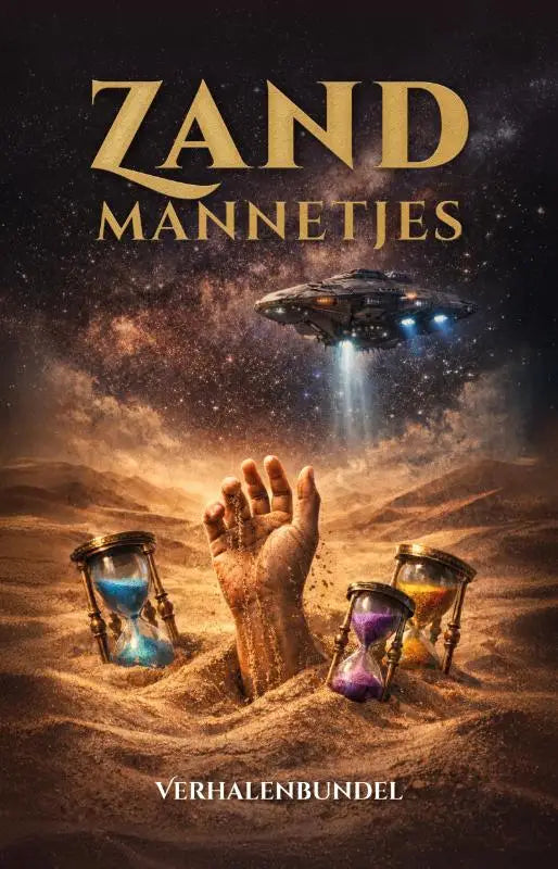 De cover van het boek zandmannetjes toont een woestijnscène met drie versierde zandlopers in blauw, paars en oranje