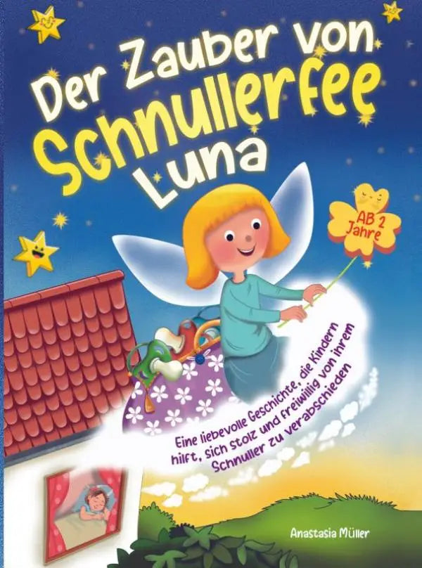 Een vrolijke cartoonfee met blond haar en doorschijnende vleugels in een liefdevolle geschichte voor kinderen