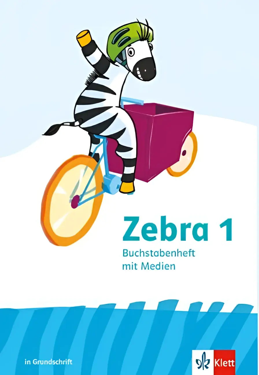Zebra 1 buchstabenheft in grundschrift klasse 1 met cartoon zebra in groene helm op fiets met paarse bak