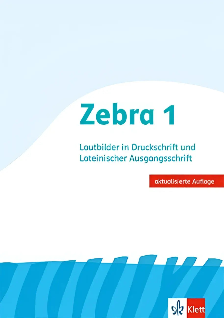 Blauwe zebras gestreepte kaft van het boek zebra 1 met het logo van de uitgever lautblock lateinische ausgangsschrift