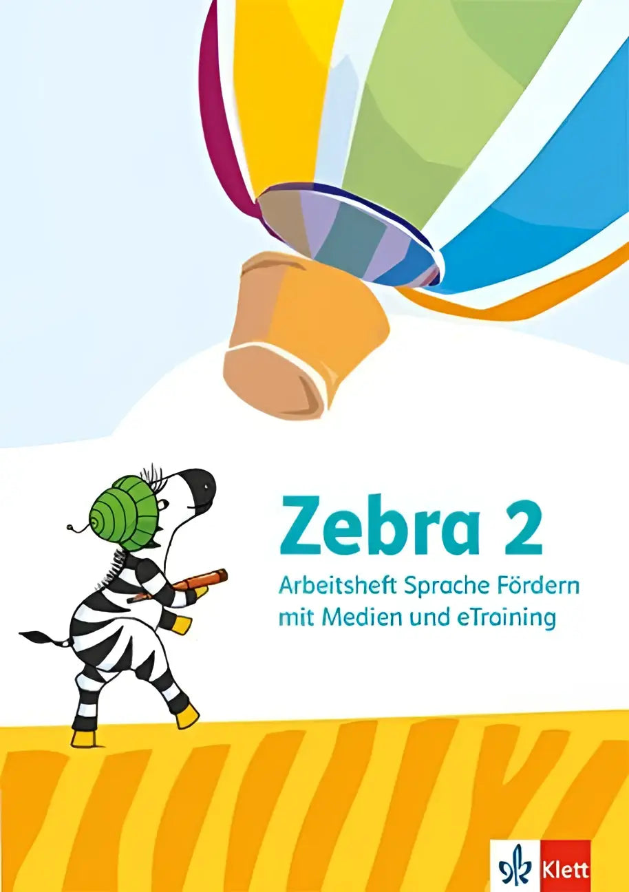 Een cartoon zebra met zwart-witte strepen draagt een groene slakkenhuis op zijn hoofd en houdt een oranje object vast voor arbeitsheft sprache förderheft etraining klasse 2