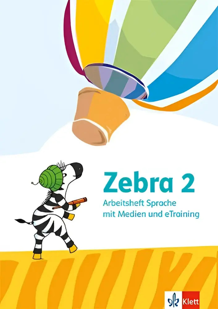 Kleurig luchtballon met regenboogstrepen boven cartoon zebra met groene helm en oranje gereedschap voor arbeitsheft sprache mit etraining klasse 2